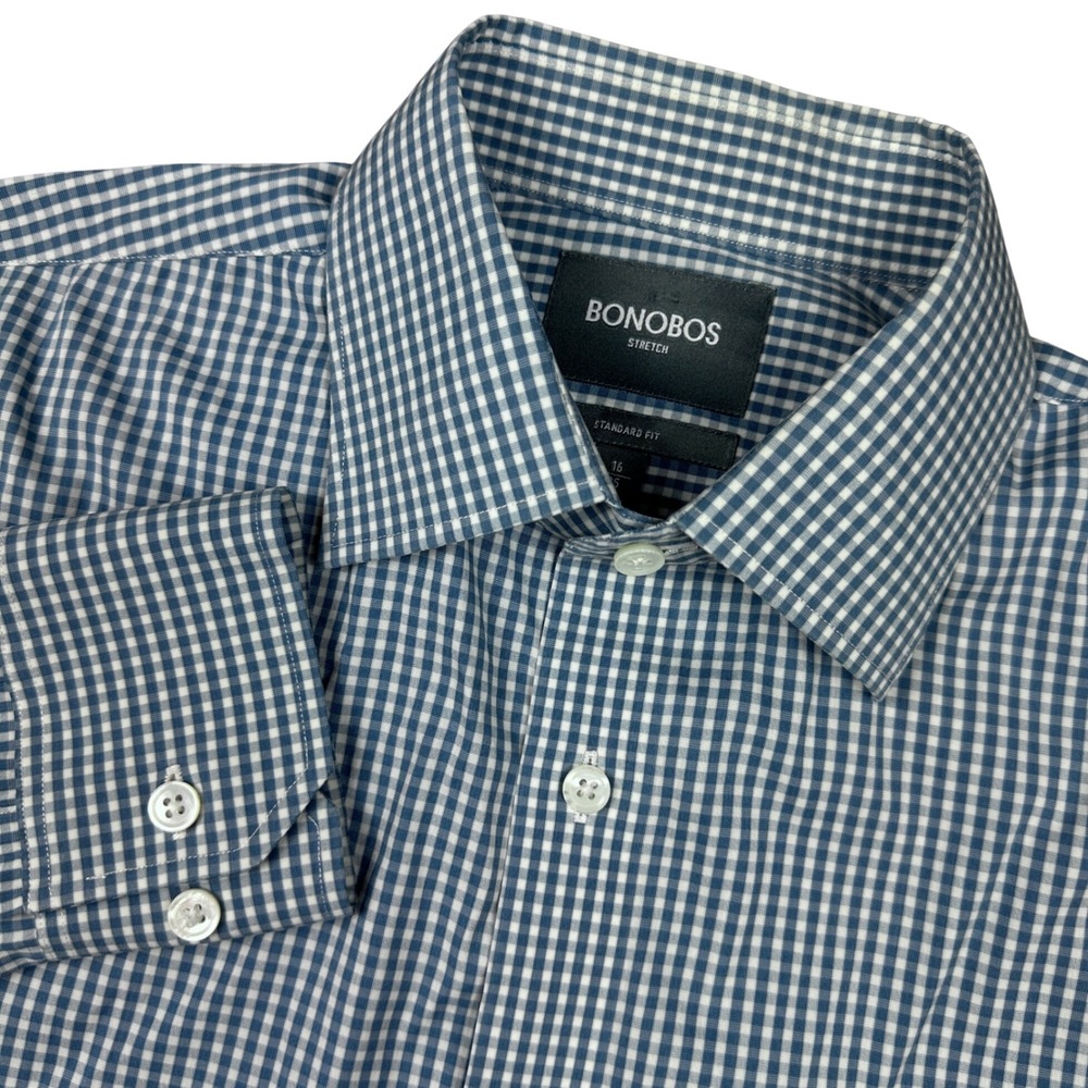 Bonobos Stretch Gingham Check Button Down Shirt Mens 16 35 Blue Standard Fit